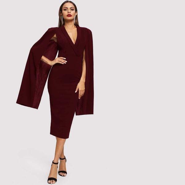 

Plunging Neck Cloak Sleeve Split Hem Bodycon Dress