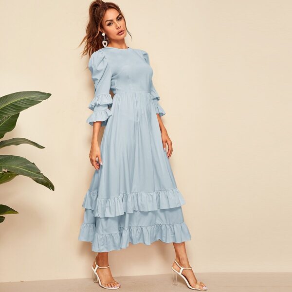 

Puff Sleeve Layered Ruffle Trim Solid Dress, Blue pastel