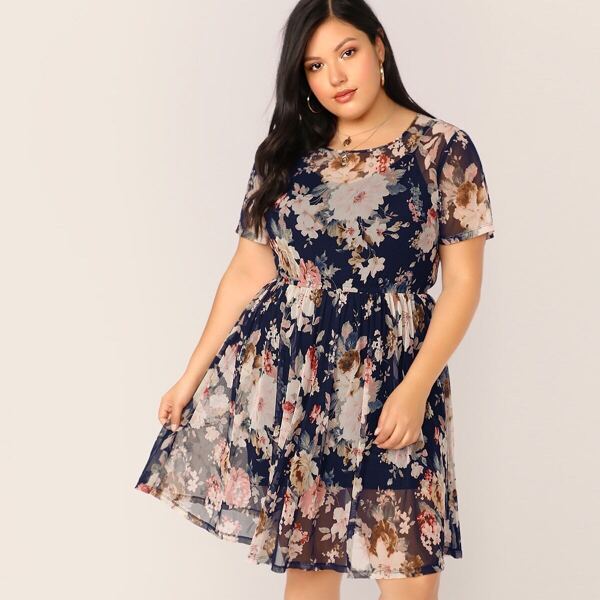 

Plus Floral Print Semi Sheer Dress Without Cami, Multicolor