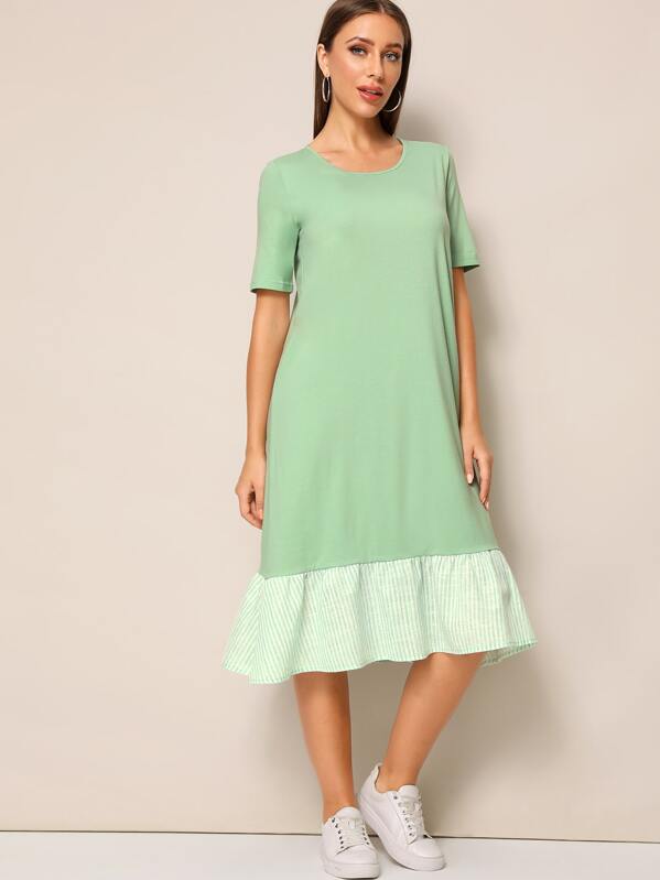 

Striped Flounce Hem Tee Dress, Green, Hanna