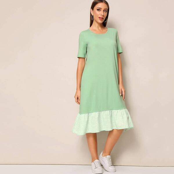 

Striped Flounce Hem Tee Dress, Green
