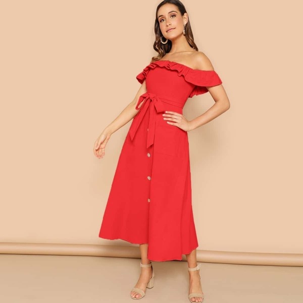 

Ruffle Foldover Pocket Front Self Belted Bardot Dress, Red