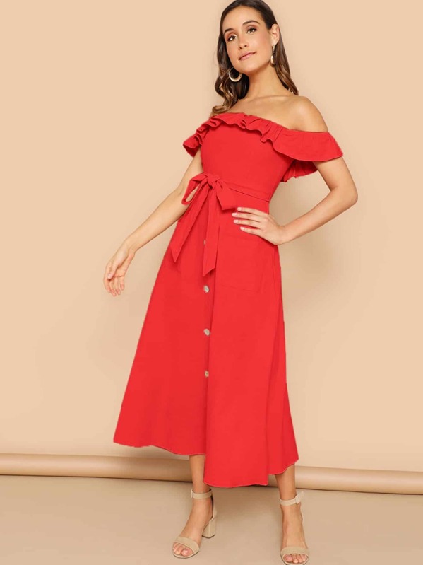 

Ruffle Foldover Pocket Front Self Belted Bardot Dress, Red, Anna Herrin