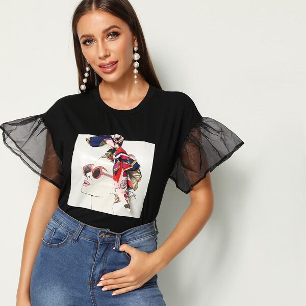 

Organza Sleeve Bow Detail Figure Print Top