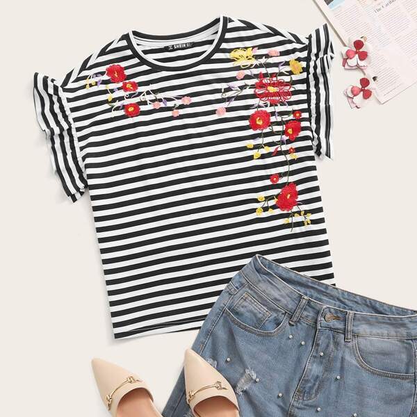 

Embroidered Floral Ruffle Armhole Striped Top