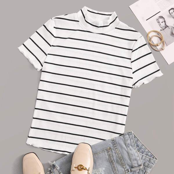 

Lettuce Trim Stand Neck Rib-knit Striped Top