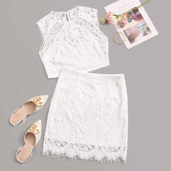 

Guipure Lace Keyhole Back Top and Bodycon Skirt Set, White