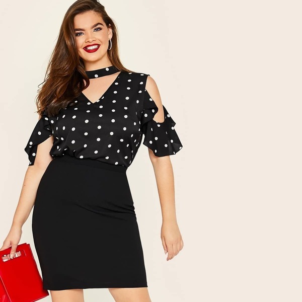 

Plus Polka-dot Cold Shoulder Top & Pencil Skirt Set, Black