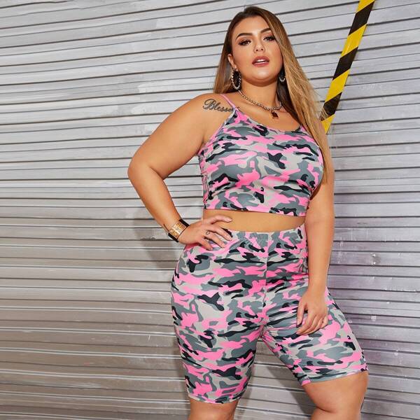 

Plus Camo Print Cami Top & Cycling Shorts Set