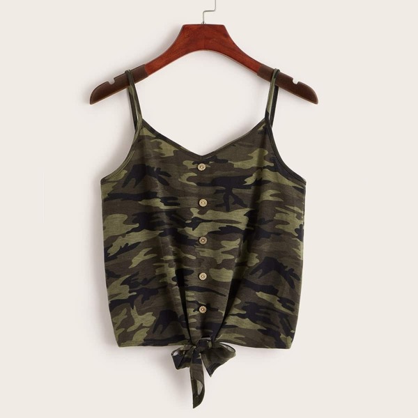 

Button Front Tie Hem Camo Print Cami Top