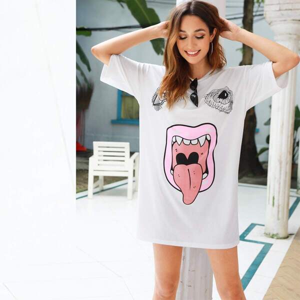 

Cartoon Print T-shirt Dress, White