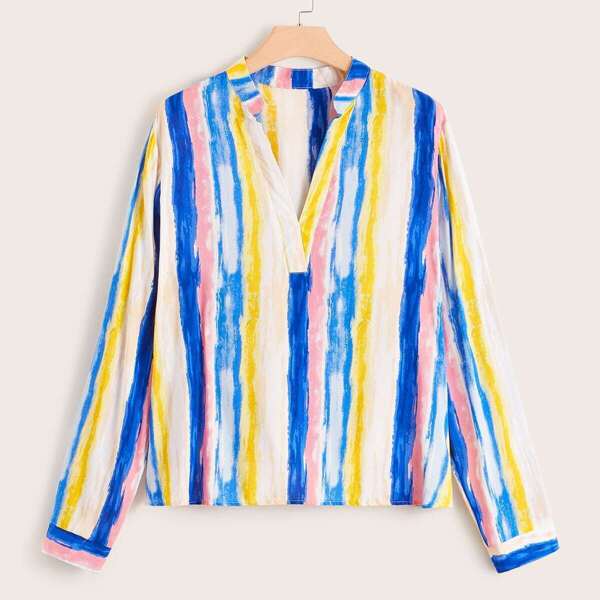 

Plus Brush Striped Print V Neck Blouse, Multicolor