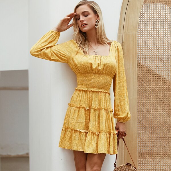 

Dot Print Layered Frill Trim Shirred Dress, Mustard yellow
