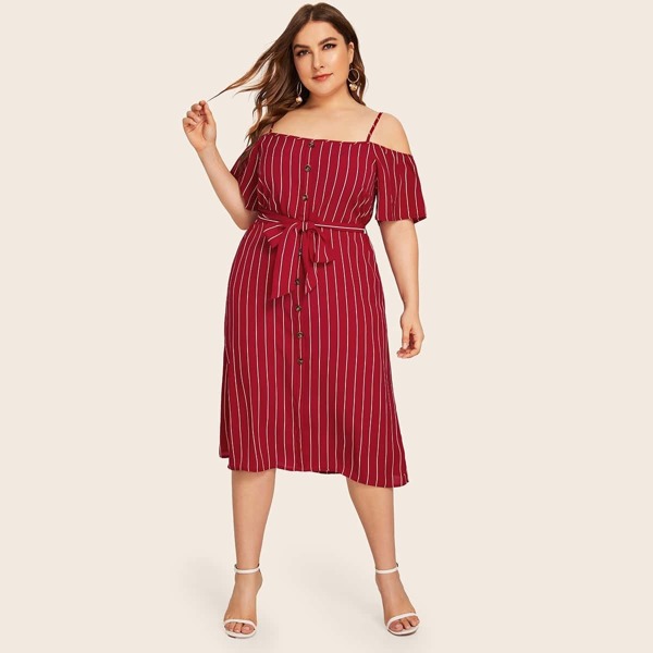 

Plus Striped Button Front Cold Shoulder Belted Dress, Burgundy