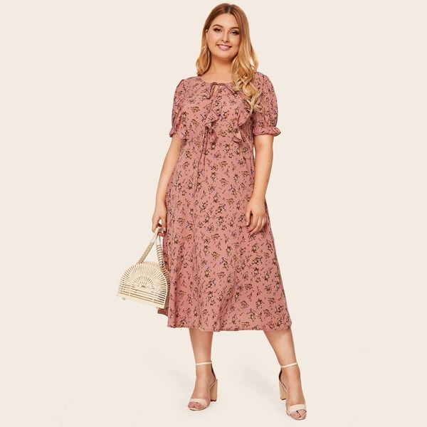 

Plus Ditsy Floral Tie Front Ruffle Dress