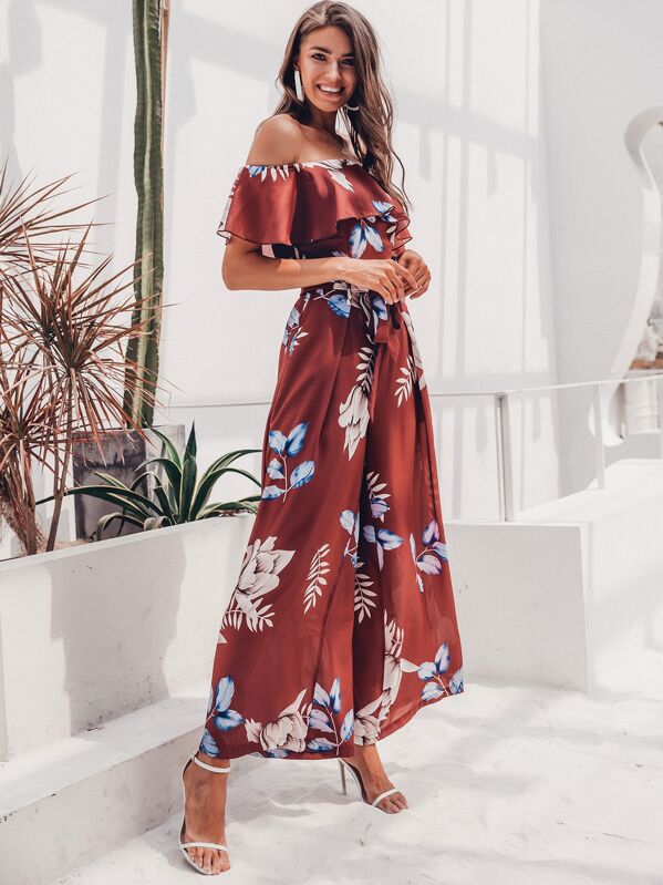 

Simplee Floral Ruffle Trim Bardot Belted Jumpsuit, Red