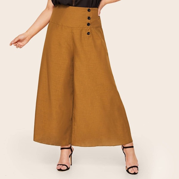 

Plus Wide Waistband Button Wide Leg Pants