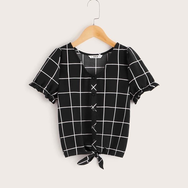 

Girls Ruffle Cuff Button Front Tie Hem Grid Top