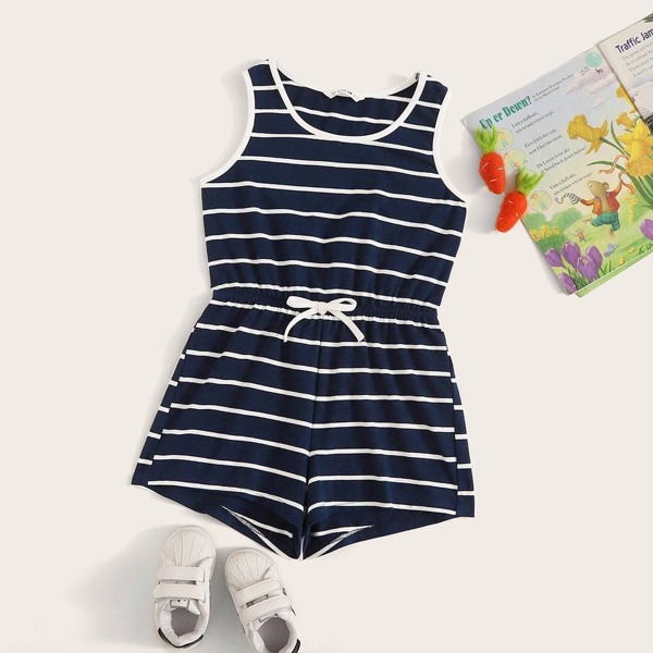 

Girls Contrast Binding Tie Waist Striped Tank Romper