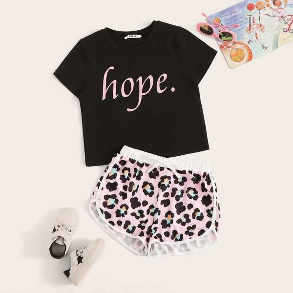 

Girls Letter Tee and Tie Waist Dolphin Shorts PJ Set