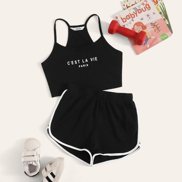 

Girls Slogan Cami Top and Contrast Binding Dolphin Shorts Set, Black