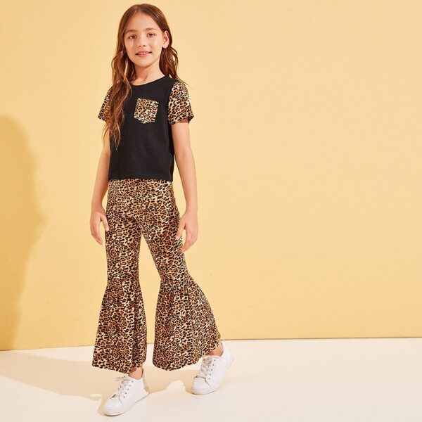 

Girls Leopard Pocket Patched Top and Flare Leg Pants Set