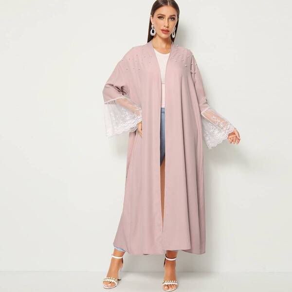 

Pearl Beaded Embroidered Mesh Bell Sleeve Belted Abaya