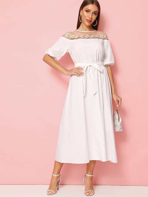 

Embroidered Applique Mesh Yoke Self Belted Dress, White, Hanna