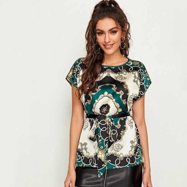 

Scarf Print Batwing Sleeve Self Belted Satin Top