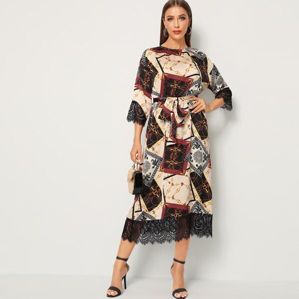 

Scarf Print Lace Trim Self Belted Dress, Multicolor