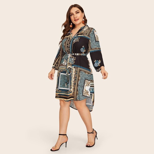 

Plus V-cut Neck Scarf Print Dip Hem Belted Dress, Multicolor