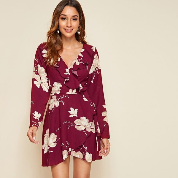 Floral Print Ruffle Trim Tie Side Wrap Dress