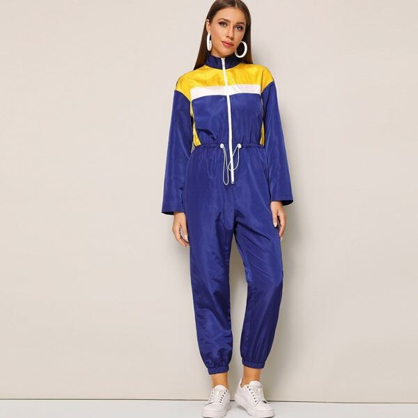 

Zip Front Drawstring Waist Colorblock Jumpsuit, Blue
