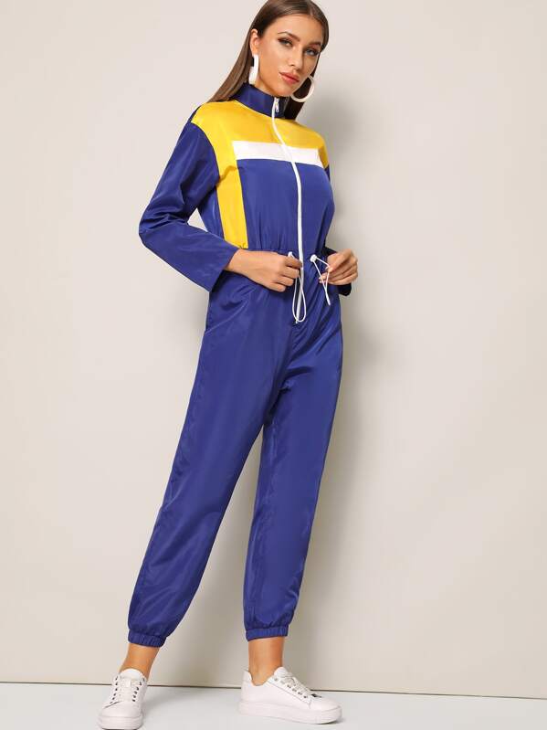 

Zip Front Drawstring Waist Colorblock Jumpsuit, Blue, Hanna