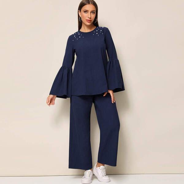 

Pearl Beaded Bell Sleeve Top and Palazzo Pants Set, Navy