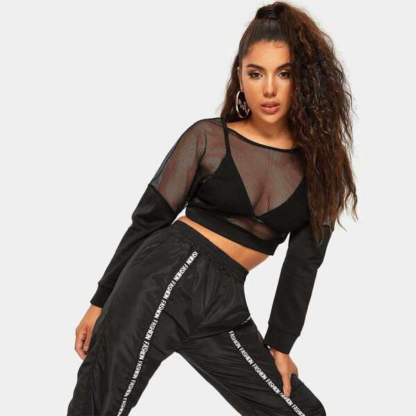 

Contrast Sleeve Sheer Fishnet Top Without Bra