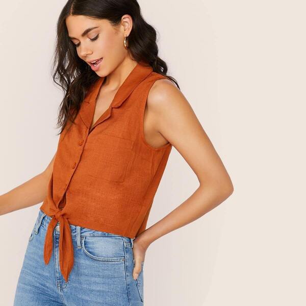 

Button Front Tie Hem Collar Sleeveless Top, Burgundy