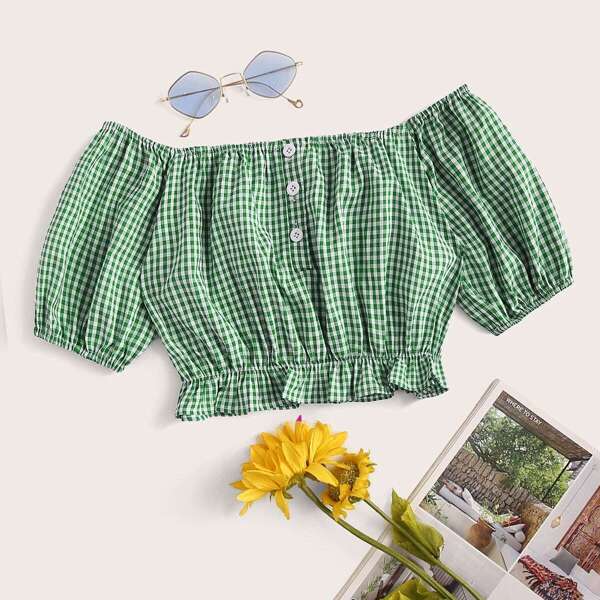 

Frill Hem Gingham Bardot Top