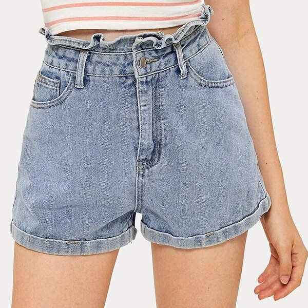 

Roll Hem Frill Waist Denim Shorts