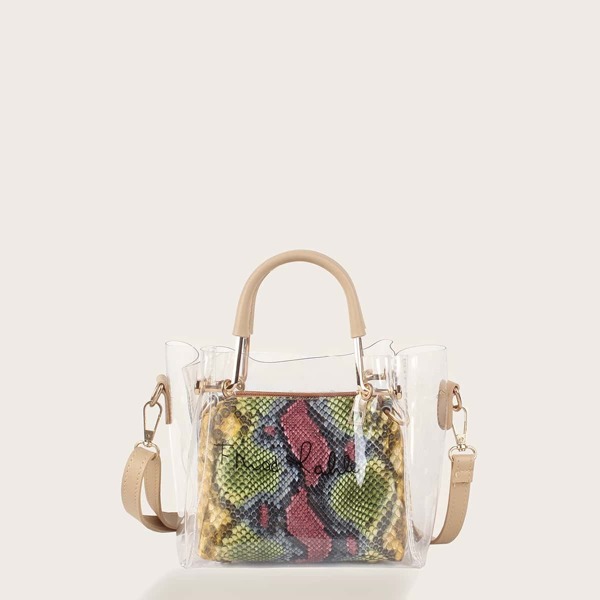 

Clear Satchel Bag With Snakeskin Print Inner Pouch, Multicolor