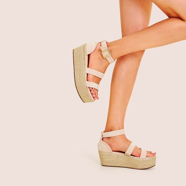 

Open Toe Buckle Strap Espadrille Wedges, Apricot