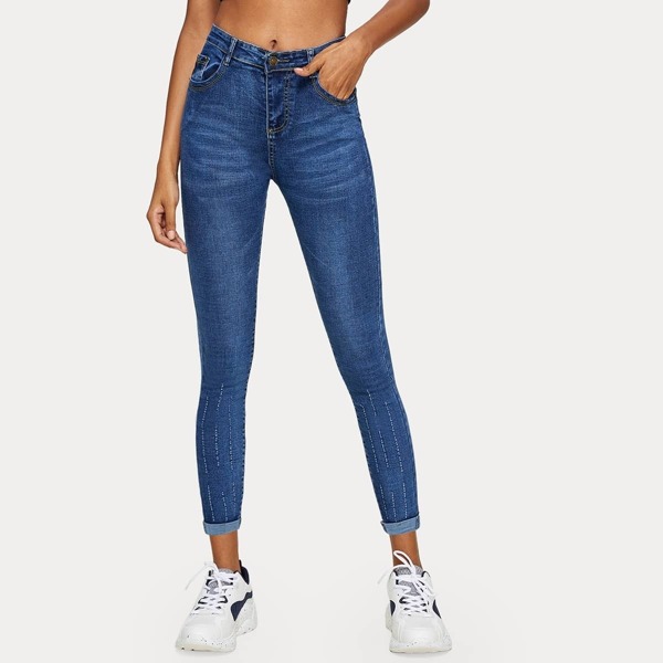 

Roll Hem Pocket Detail Skinny Jeans, Blue