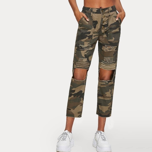 

Camo Print Pocket Side Cut Out Ladder Distressed Jeans