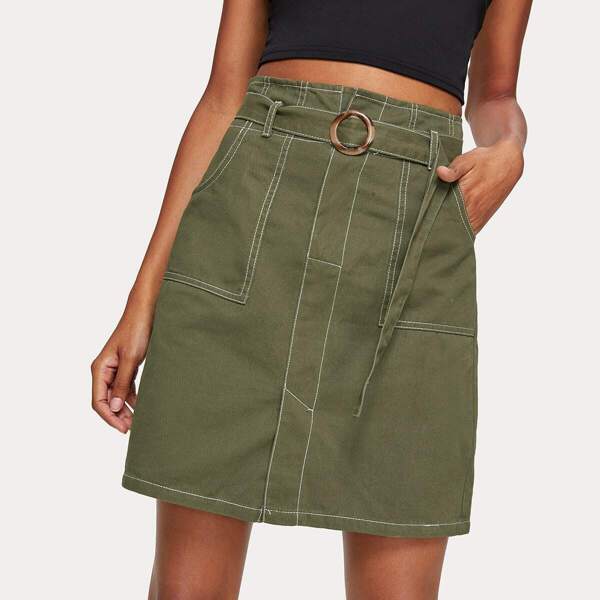

Pocket Detail Belted Denim Skirt