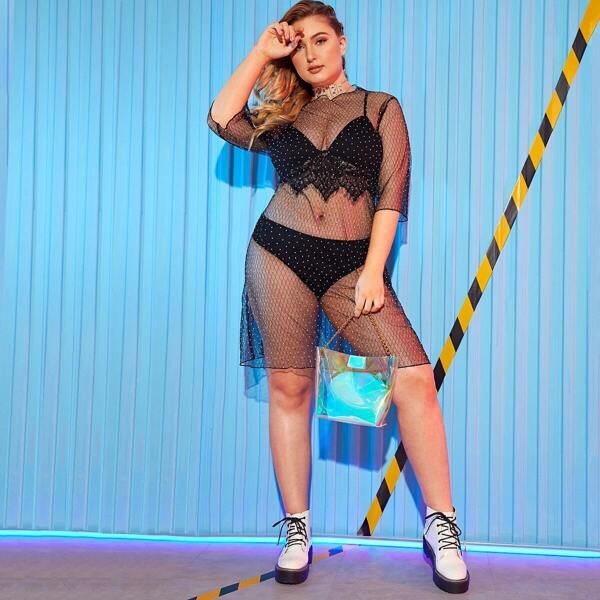 

Plus Mesh Polka Dot Sheer Dress Without Bra