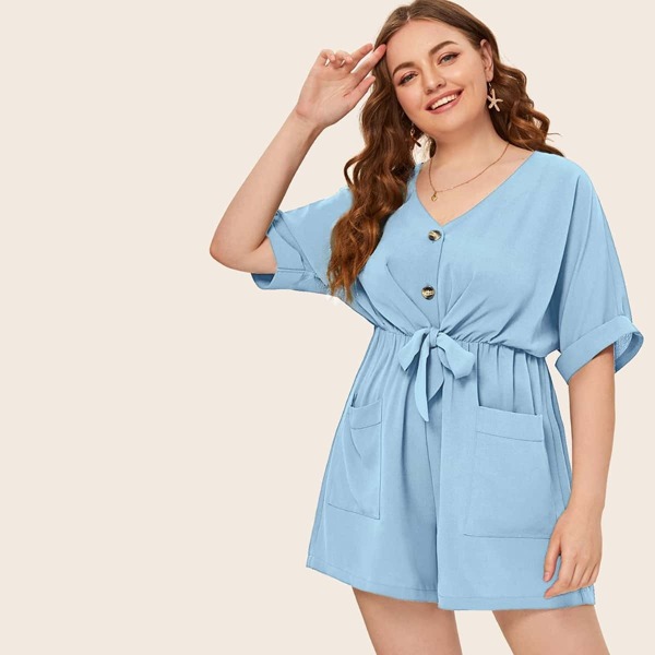 

Plus Button Front Dual Pocket Knot Jumpsuit, Blue