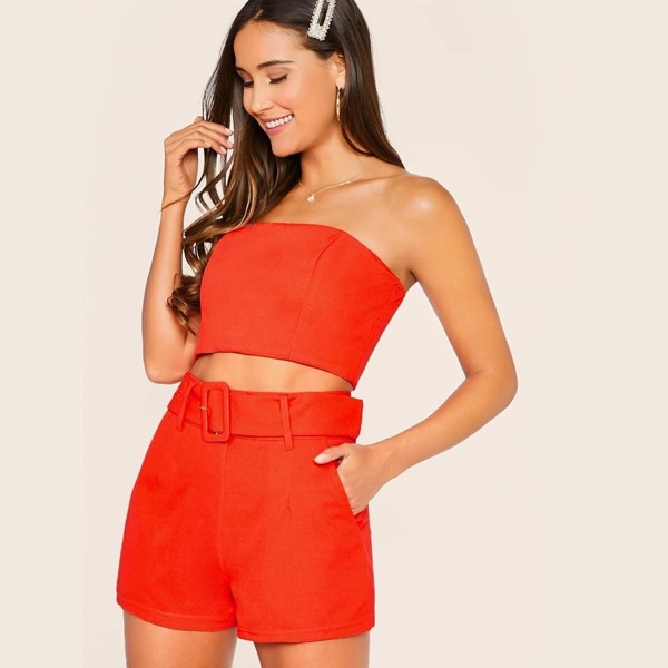 

Tube Crop Top & High Waist Shorts Set, Orange bright
