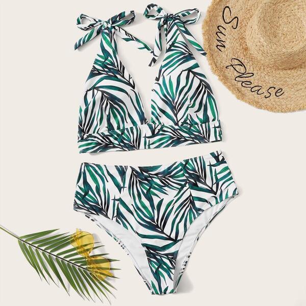 

Plus Palm Print Tie Shoulder Bikini Set, Green