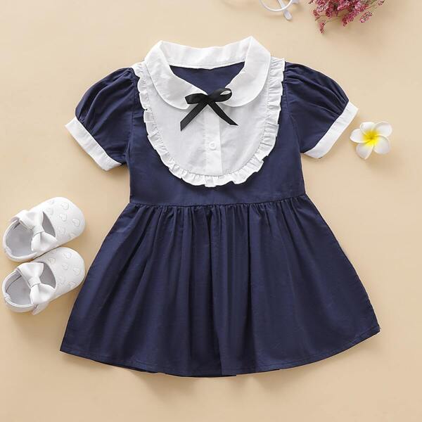 

Baby Girl Contrast Panel Frill Trim A-line Dress, Navy blue