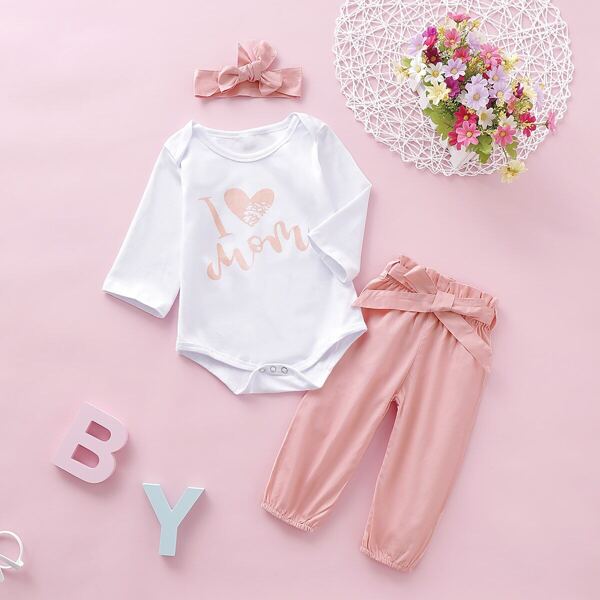 

Baby Girl Letter Graphic Romper With Belted Pants, Multicolor